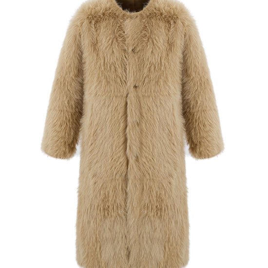 reversible beige faux fur round neck mid coat 