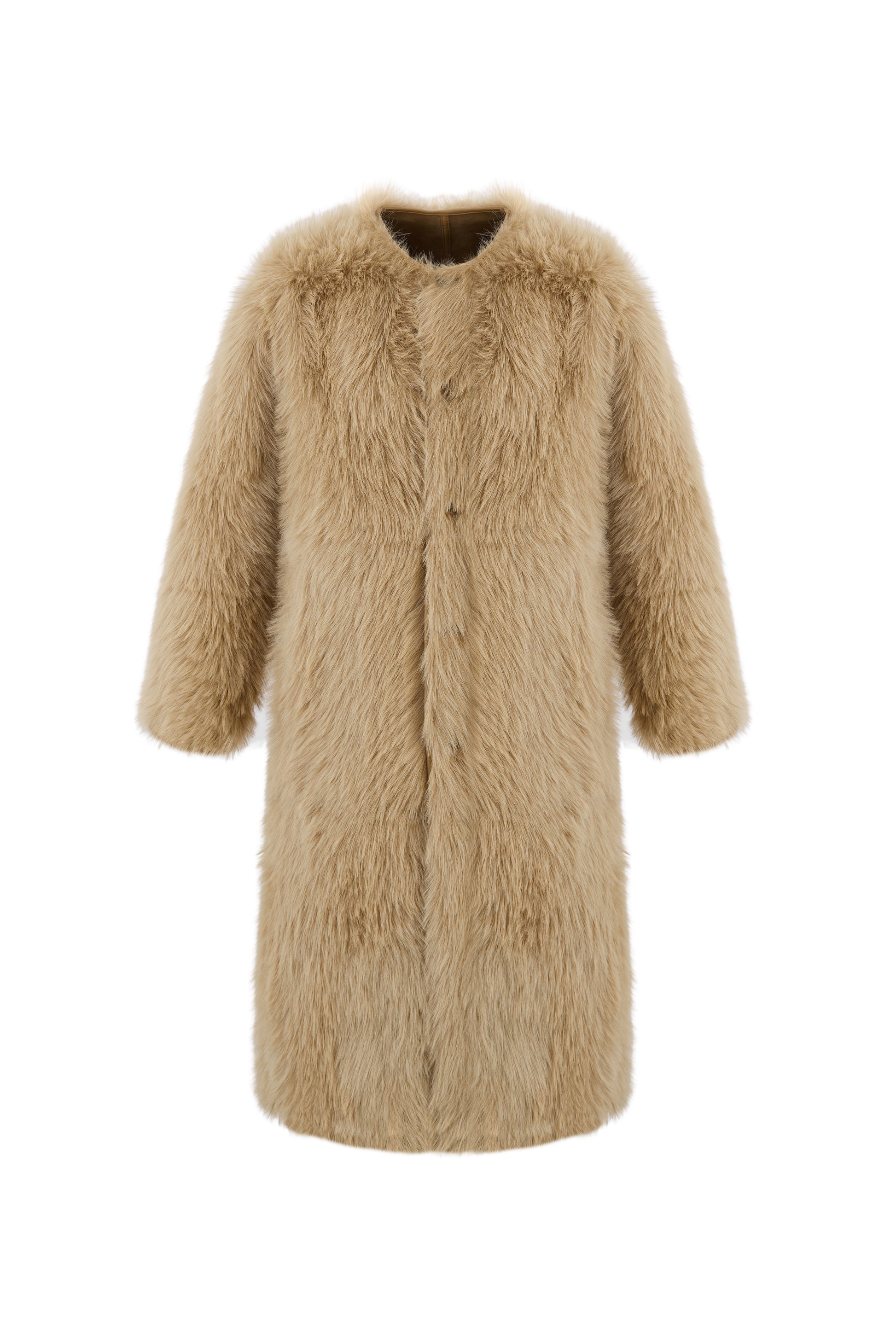 reversible beige faux fur round neck mid coat 