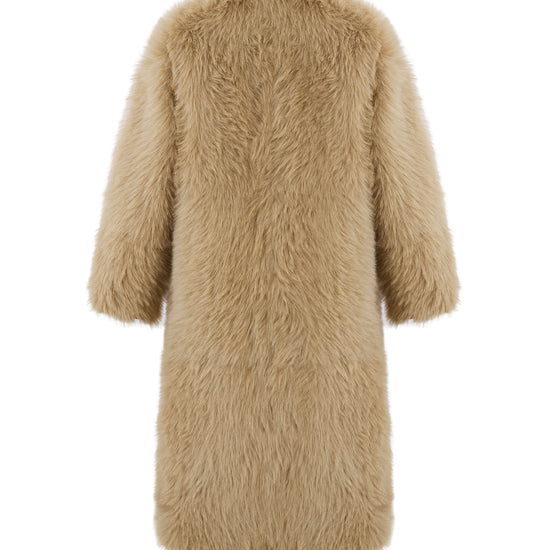 reversible beige faux fur round neck mid coat  rear view