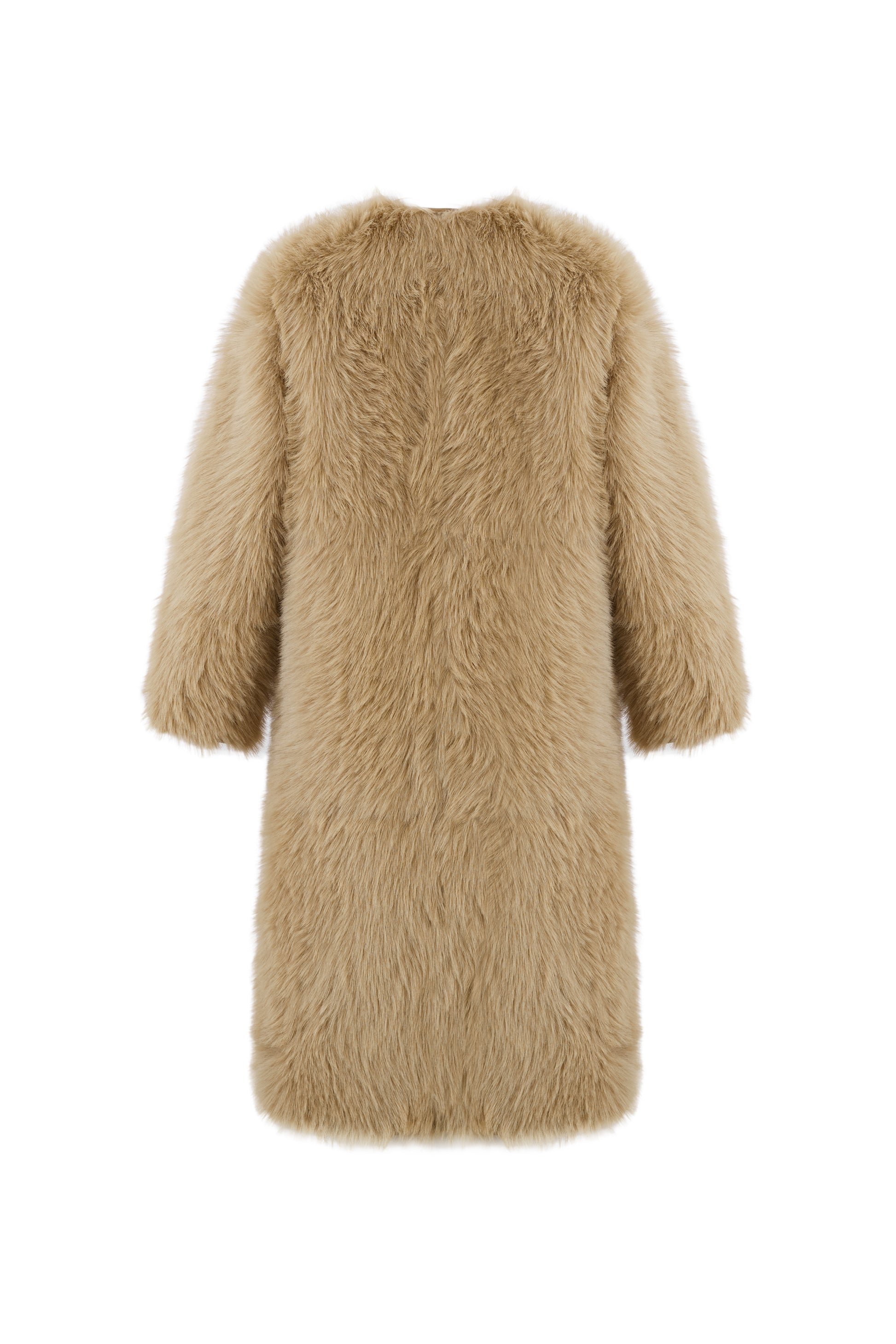 reversible beige faux fur round neck mid coat  rear view