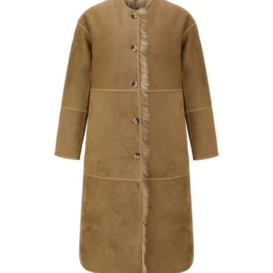 reversible beige faux fur round neck mid coat  interior shot