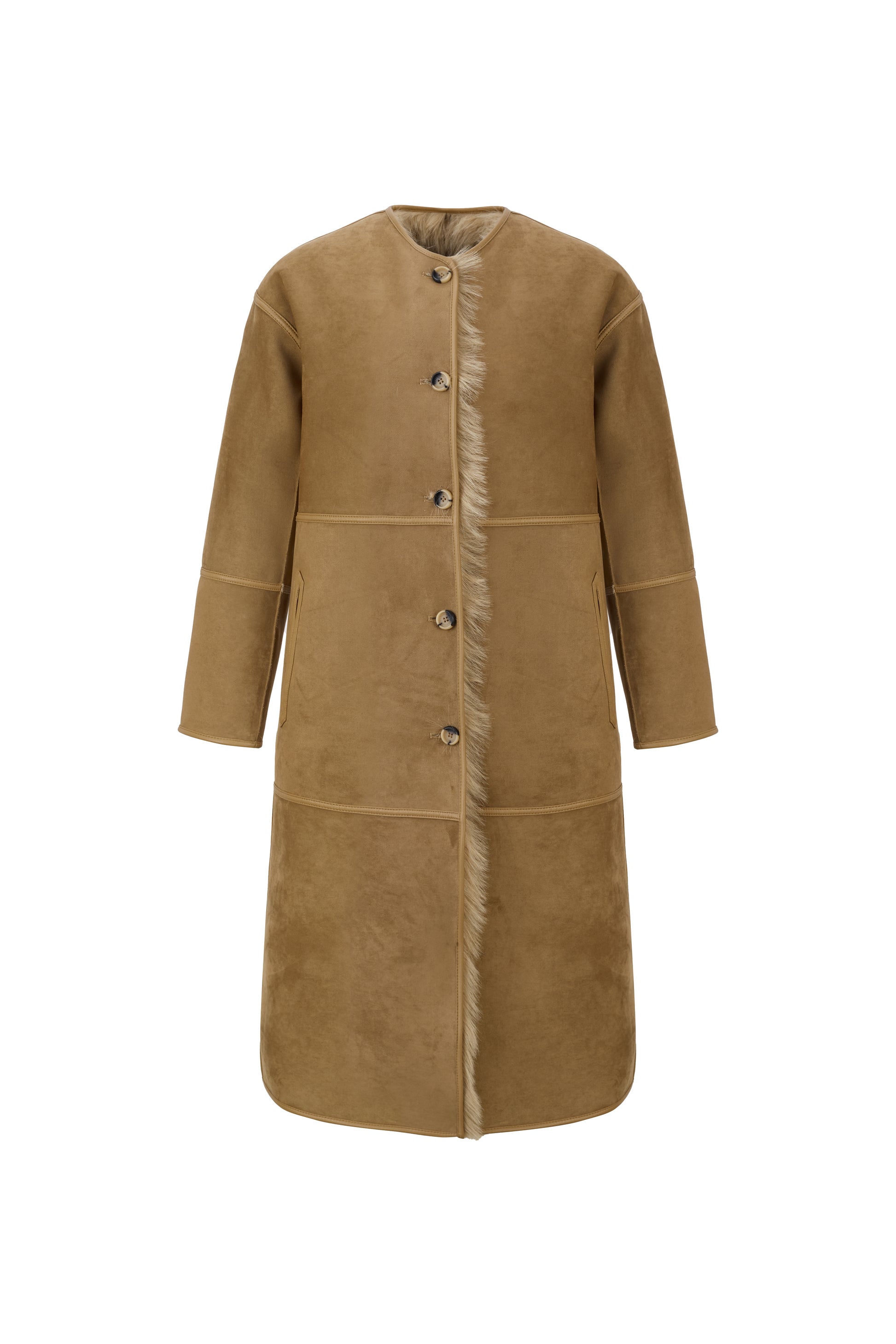 reversible beige faux fur round neck mid coat  interior shot