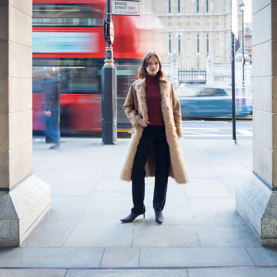 reversible beige faux fur round neck mid coat  model shot