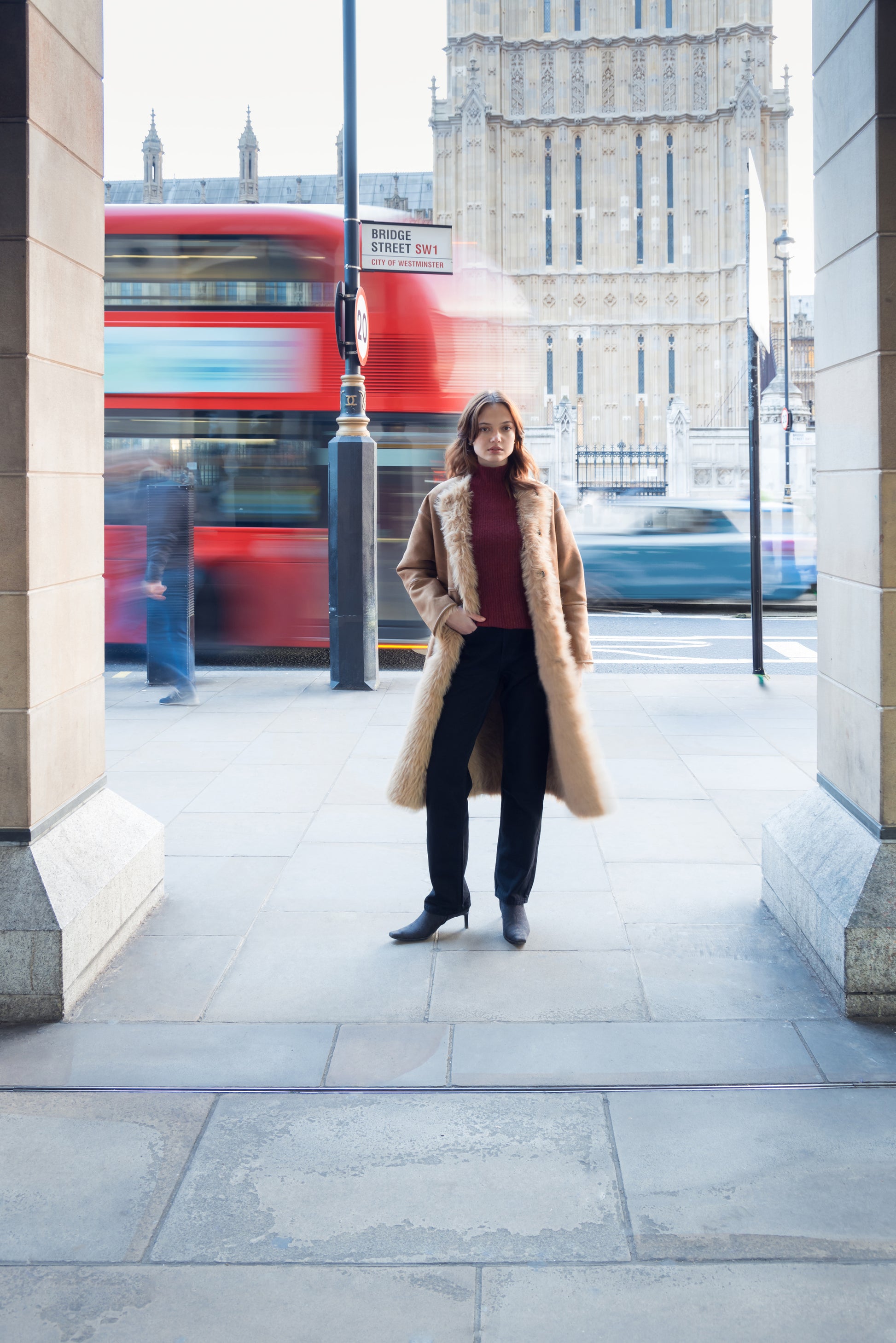 reversible beige faux fur round neck mid coat  model shot