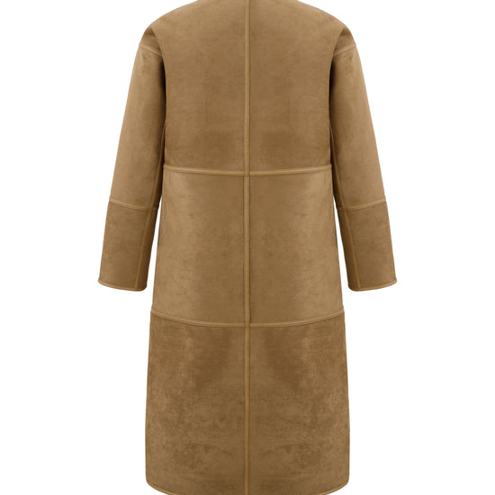 reversible beige faux fur round neck mid coat  interior rear view