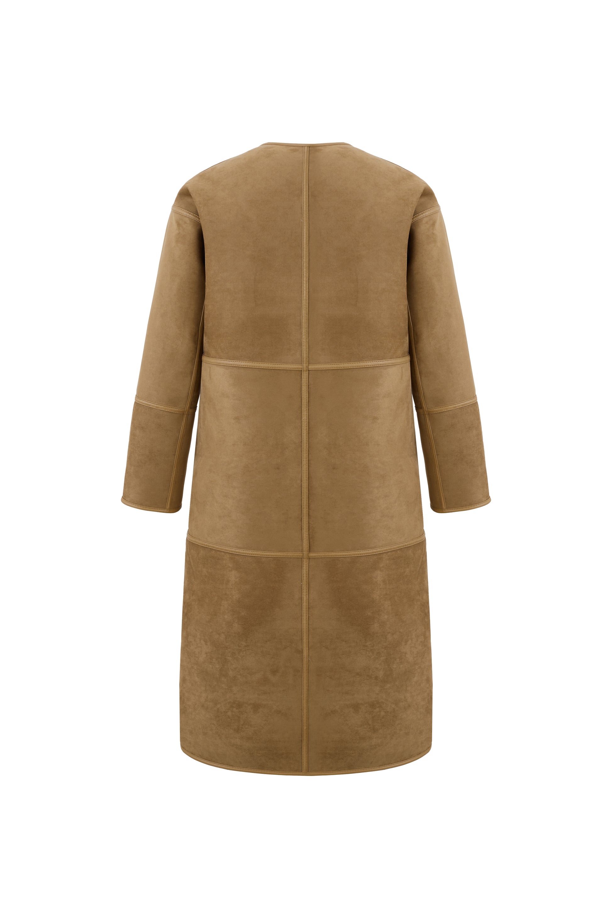 reversible beige faux fur round neck mid coat  interior rear view