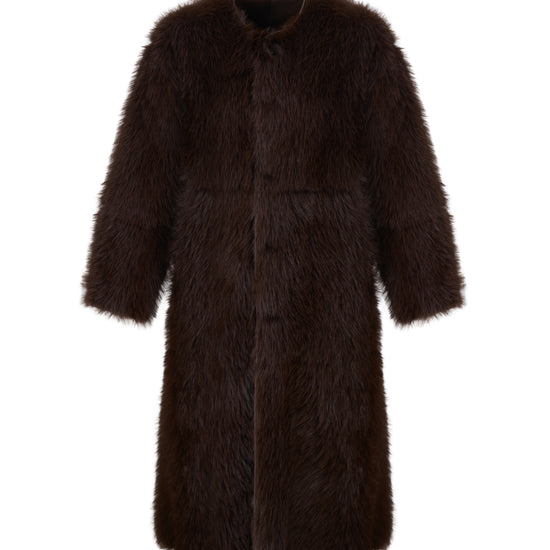 reversible chocolate brown faux fur round neck mid coat 