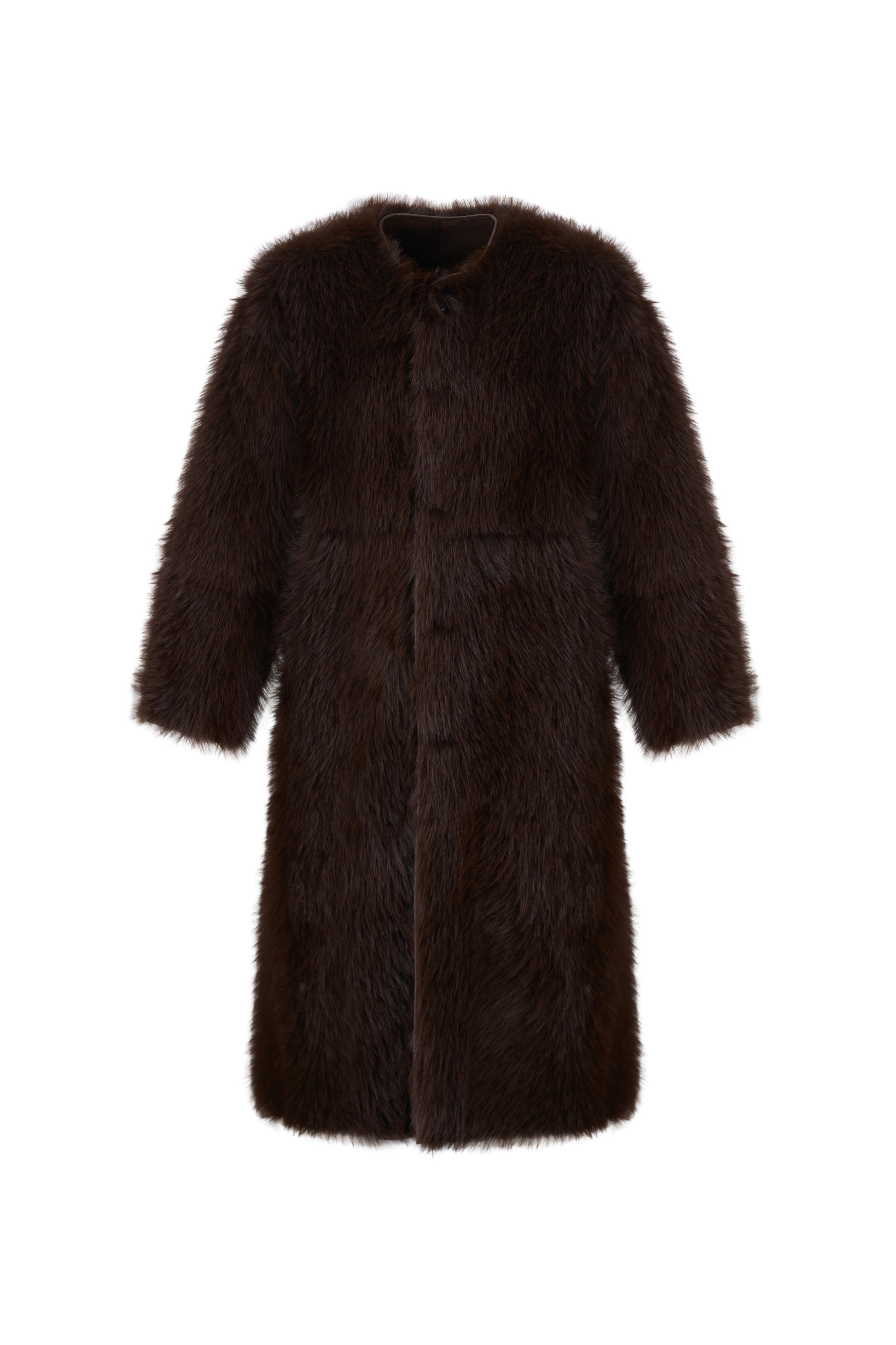 reversible chocolate brown faux fur round neck mid coat 