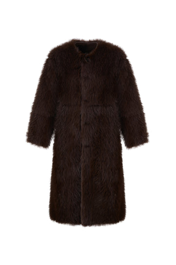 reversible chocolate brown faux fur round neck mid coat 