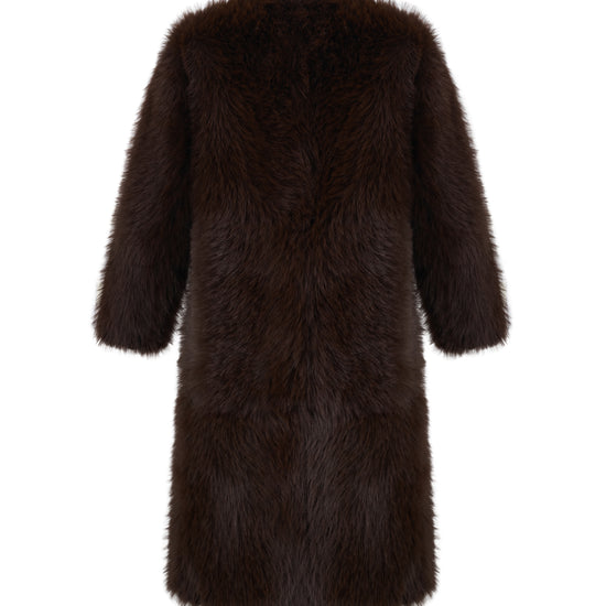 reversible chocolate brown faux fur round neck mid coat  rear view