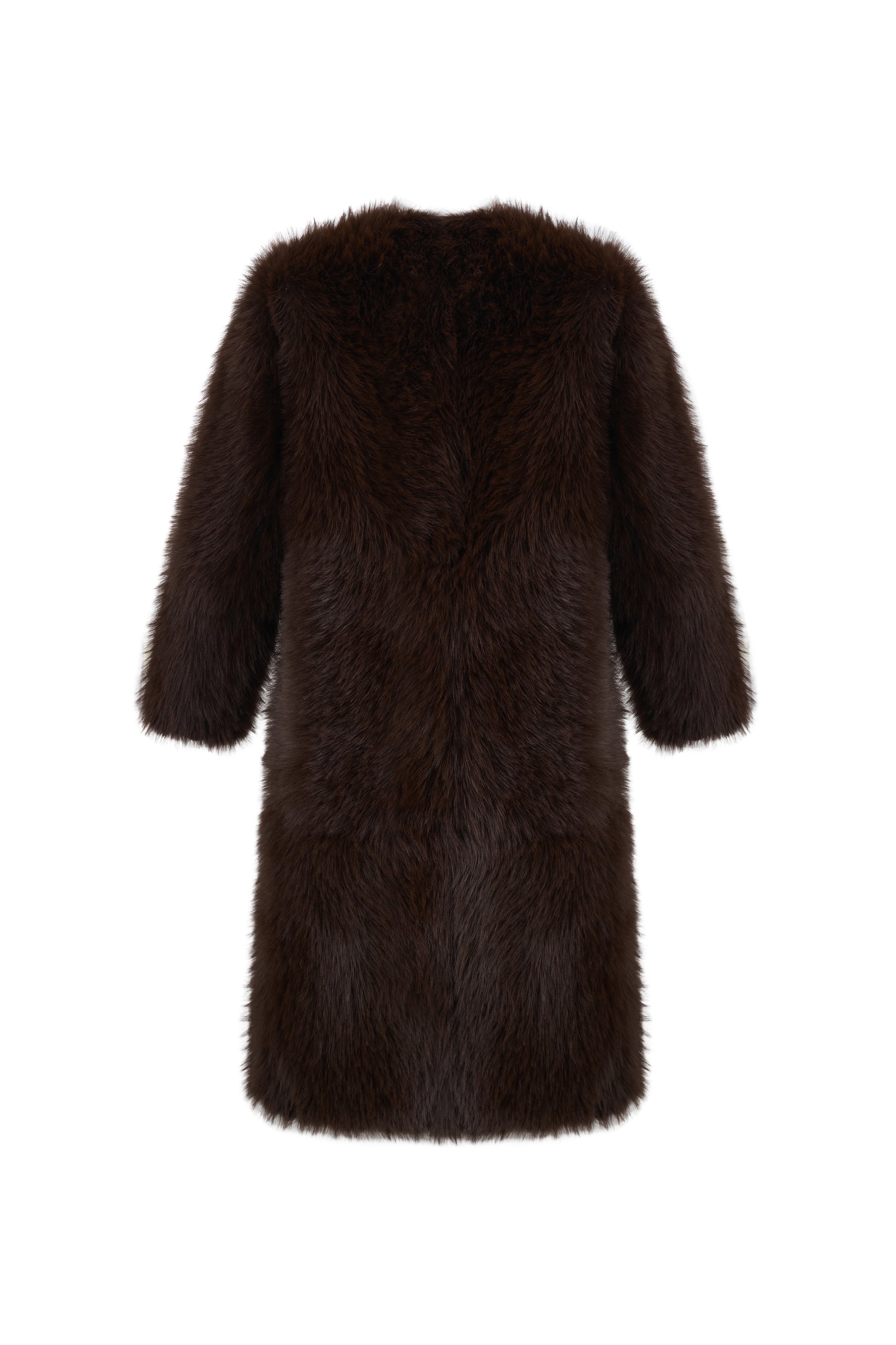 reversible chocolate brown faux fur round neck mid coat  rear view