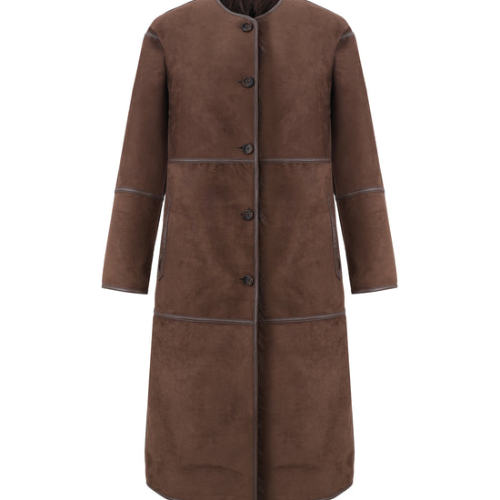 reversible chocolate brown faux fur round neck mid coat  interior shot