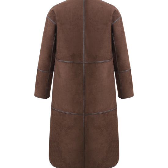 reversible chocolate brown faux fur round neck mid coat interior rear view