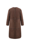 reversible chocolate brown faux fur round neck mid coat interior rear view