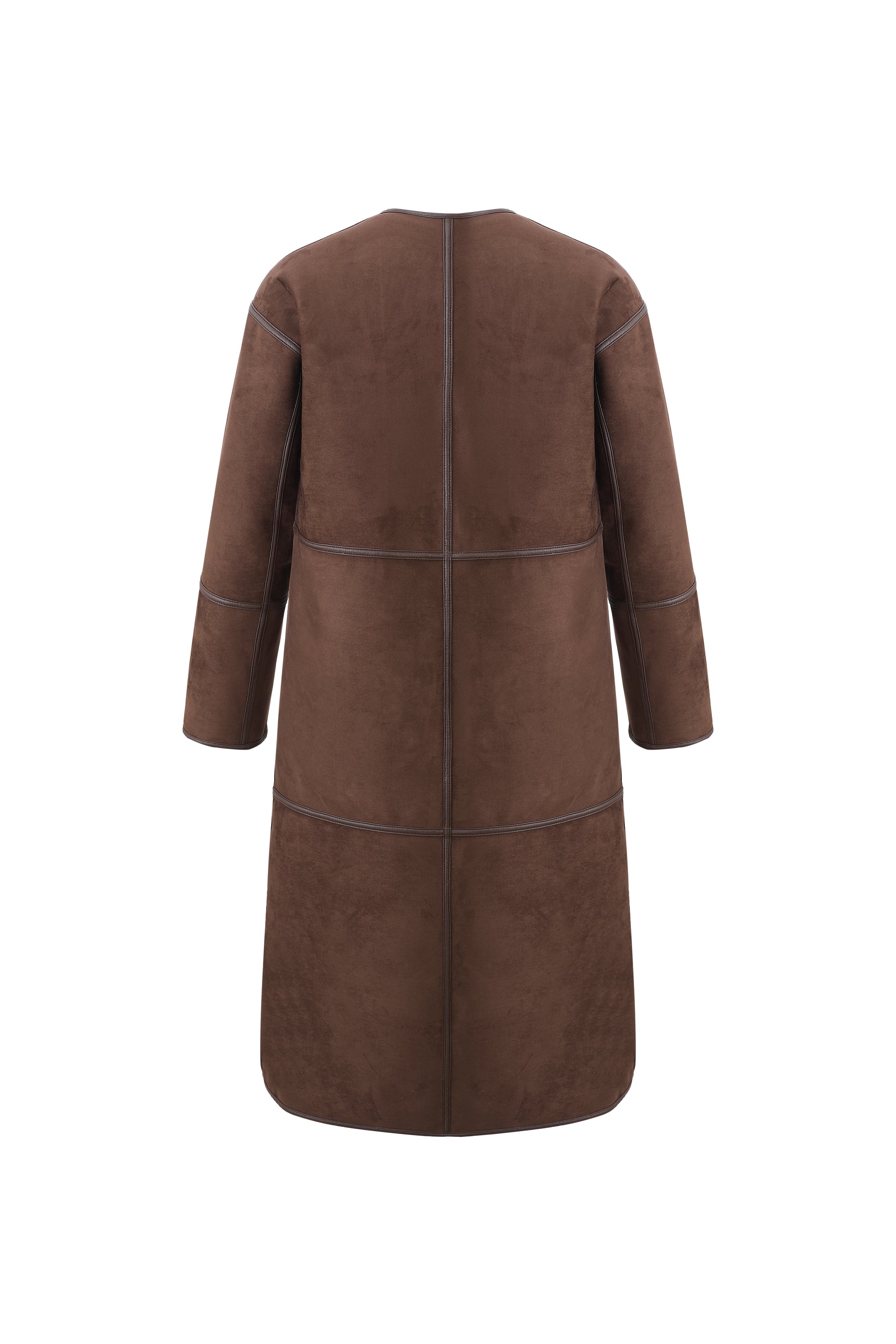 reversible chocolate brown faux fur round neck mid coat interior rear view