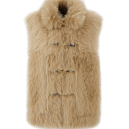 longer faux fur reversible gilet with 3 gold buckles on the front, slit pockets and interior faux suede