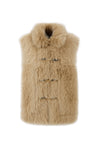 longer faux fur reversible gilet with 3 gold buckles on the front, slit pockets and interior faux suede