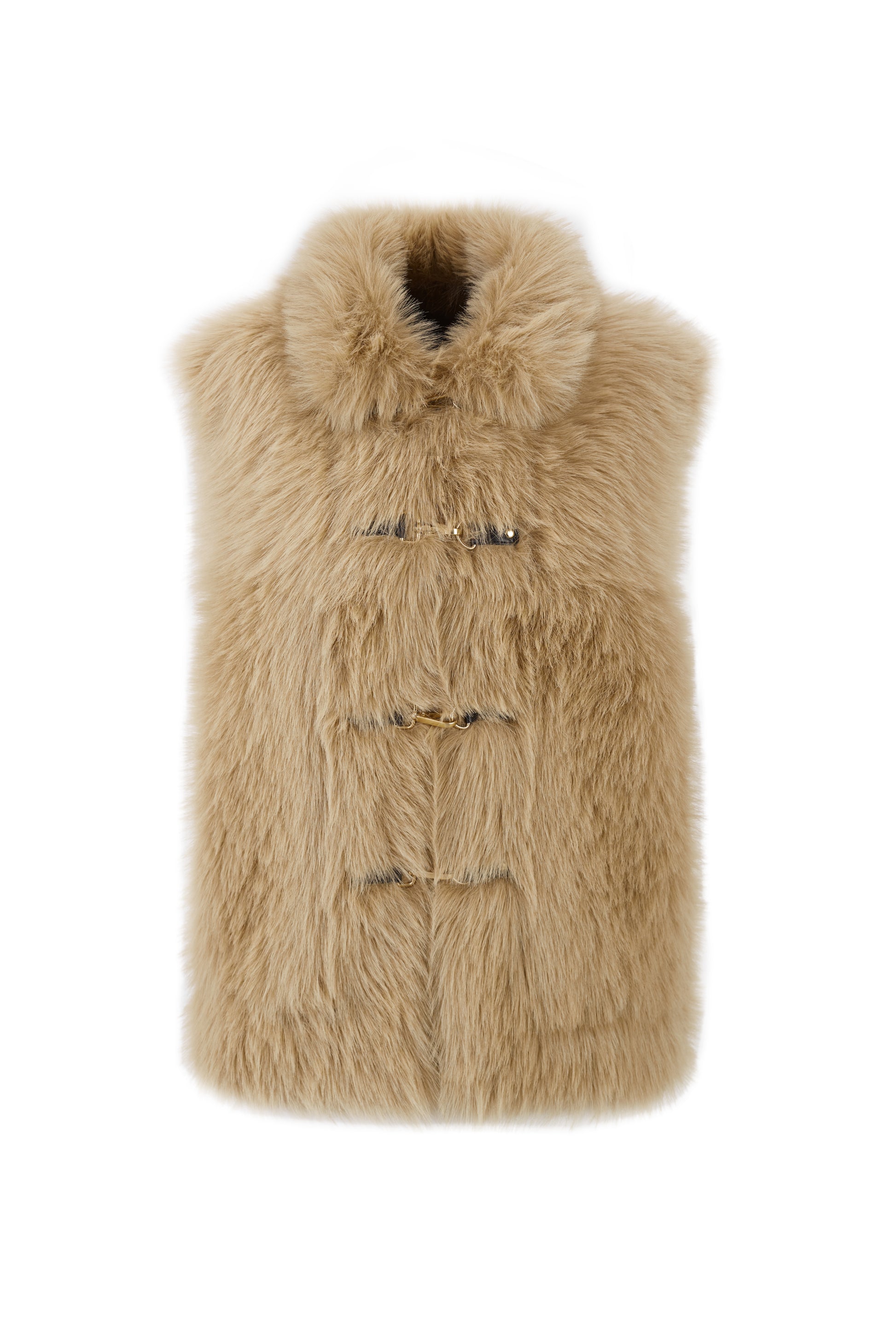 longer faux fur reversible gilet with 3 gold buckles on the front, slit pockets and interior faux suede
