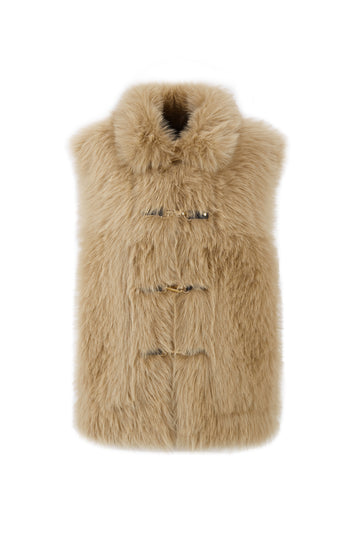 longer faux fur reversible gilet with 3 gold buckles on the front, slit pockets and interior faux suede