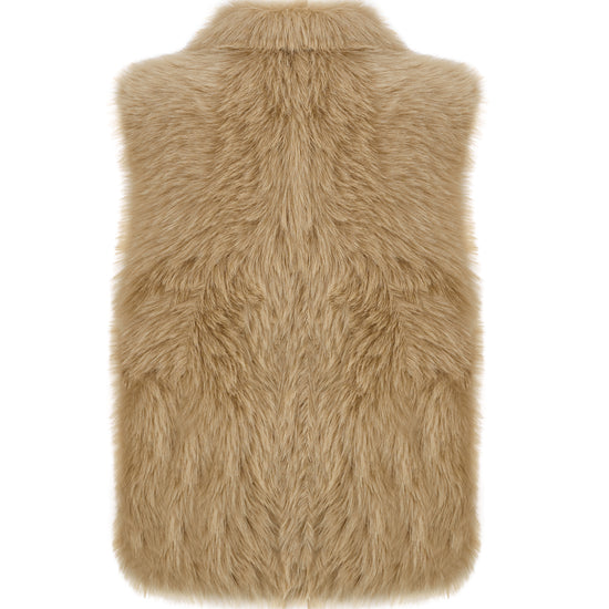 longer faux fur reversible gilet with 3 gold buckles on the front, slit pockets and interior faux suede rear view
