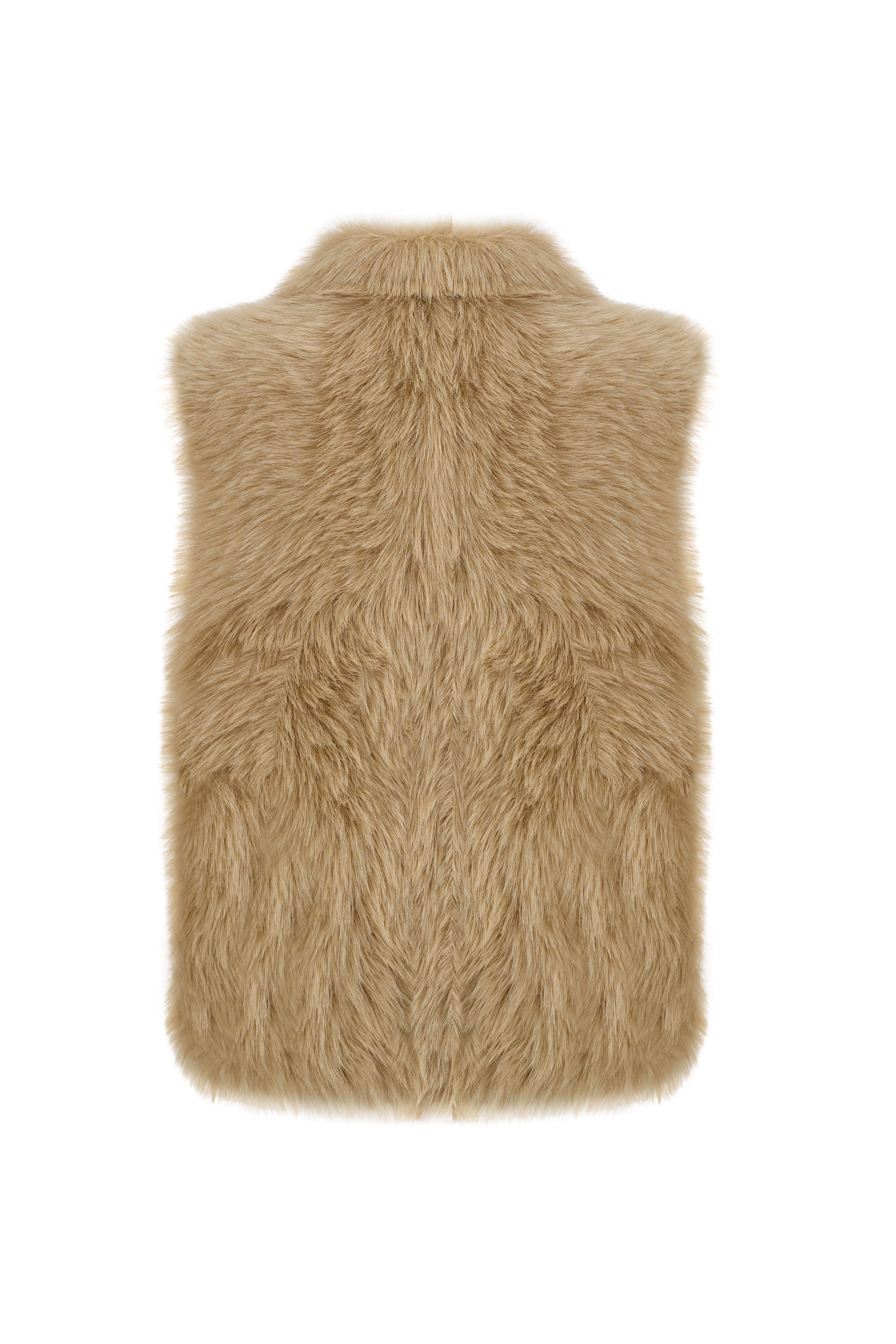 longer faux fur reversible gilet with 3 gold buckles on the front, slit pockets and interior faux suede rear view