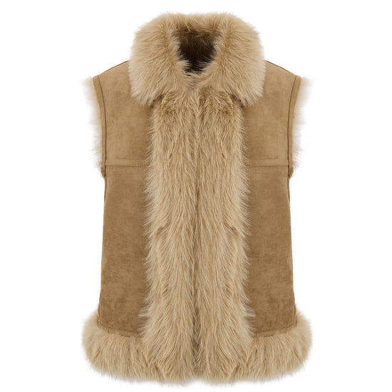 longer faux fur reversible gilet with 3 gold buckles on the front, slit pockets and interior faux suede inside view 