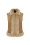 longer faux fur reversible gilet with 3 gold buckles on the front, slit pockets and interior faux suede inside view 