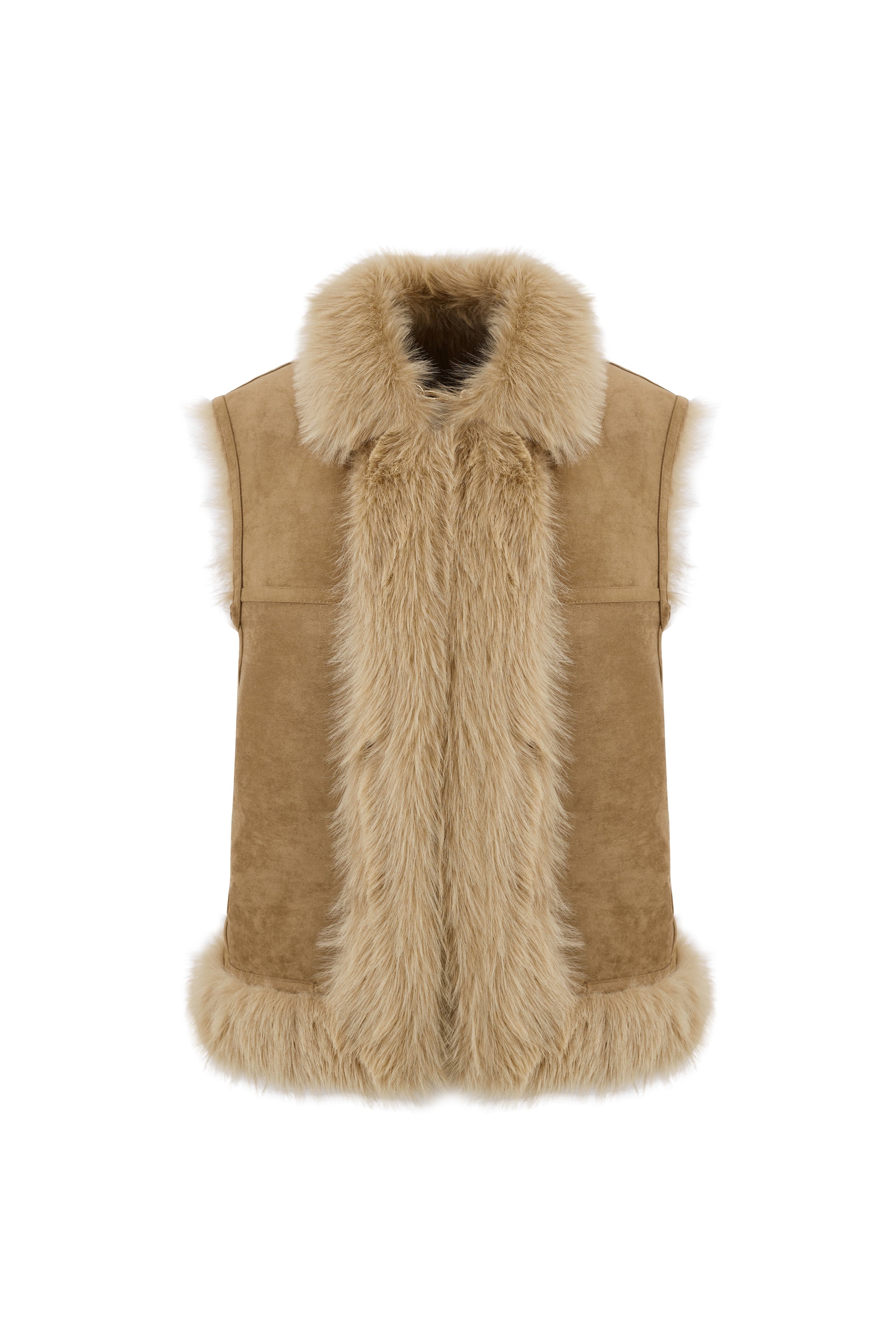 longer faux fur reversible gilet with 3 gold buckles on the front, slit pockets and interior faux suede inside view 