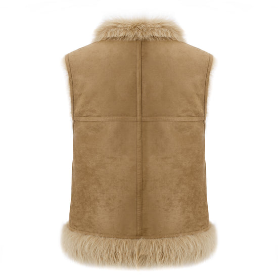 longer faux fur reversible gilet with 3 gold buckles on the front, slit pockets and interior faux suede rear view inside