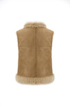 longer faux fur reversible gilet with 3 gold buckles on the front, slit pockets and interior faux suede rear view inside