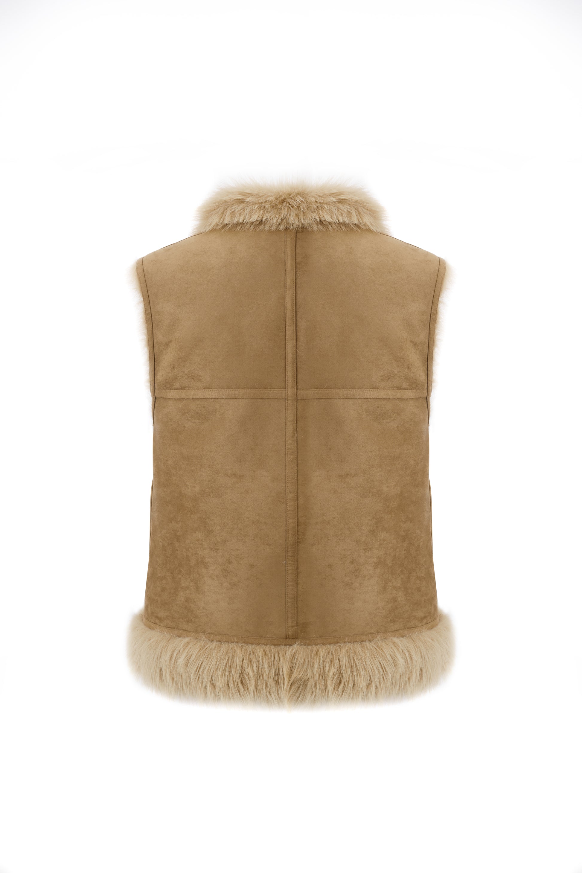 longer faux fur reversible gilet with 3 gold buckles on the front, slit pockets and interior faux suede rear view inside