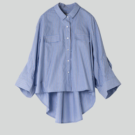 blue striped shirt with wide sleeves and dipped hem with chest pockets