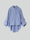 blue striped shirt with wide sleeves and dipped hem with chest pockets