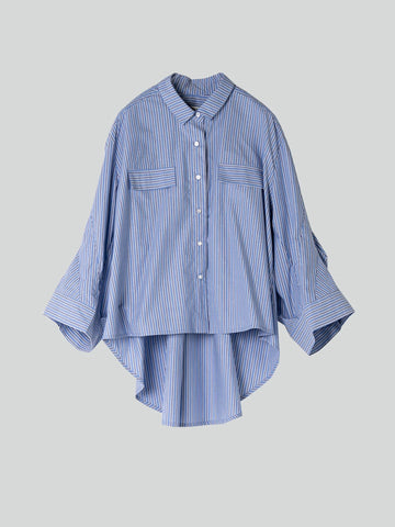 blue striped shirt with wide sleeves and dipped hem with chest pockets