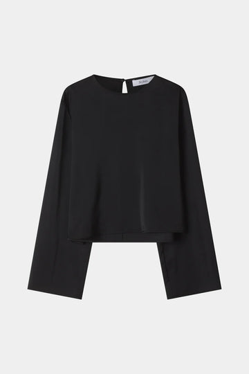 A black long-sleeve top with a unique layered, asymmetrical hem design, displayed flat against a light gray background.