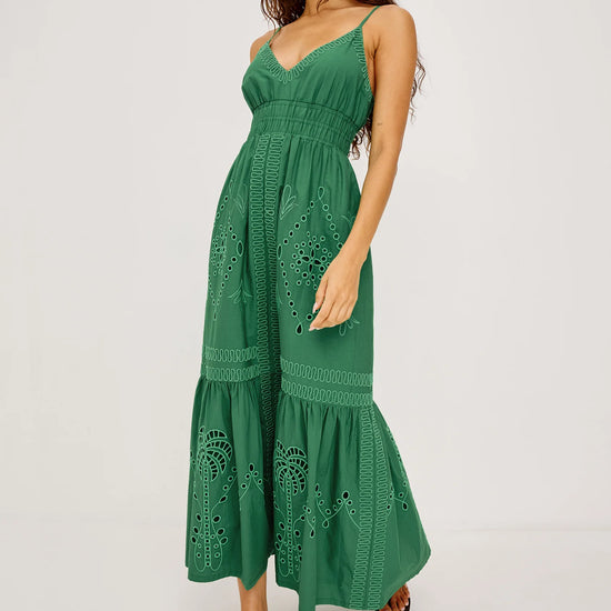 Model shot of green embroidered dress from rails