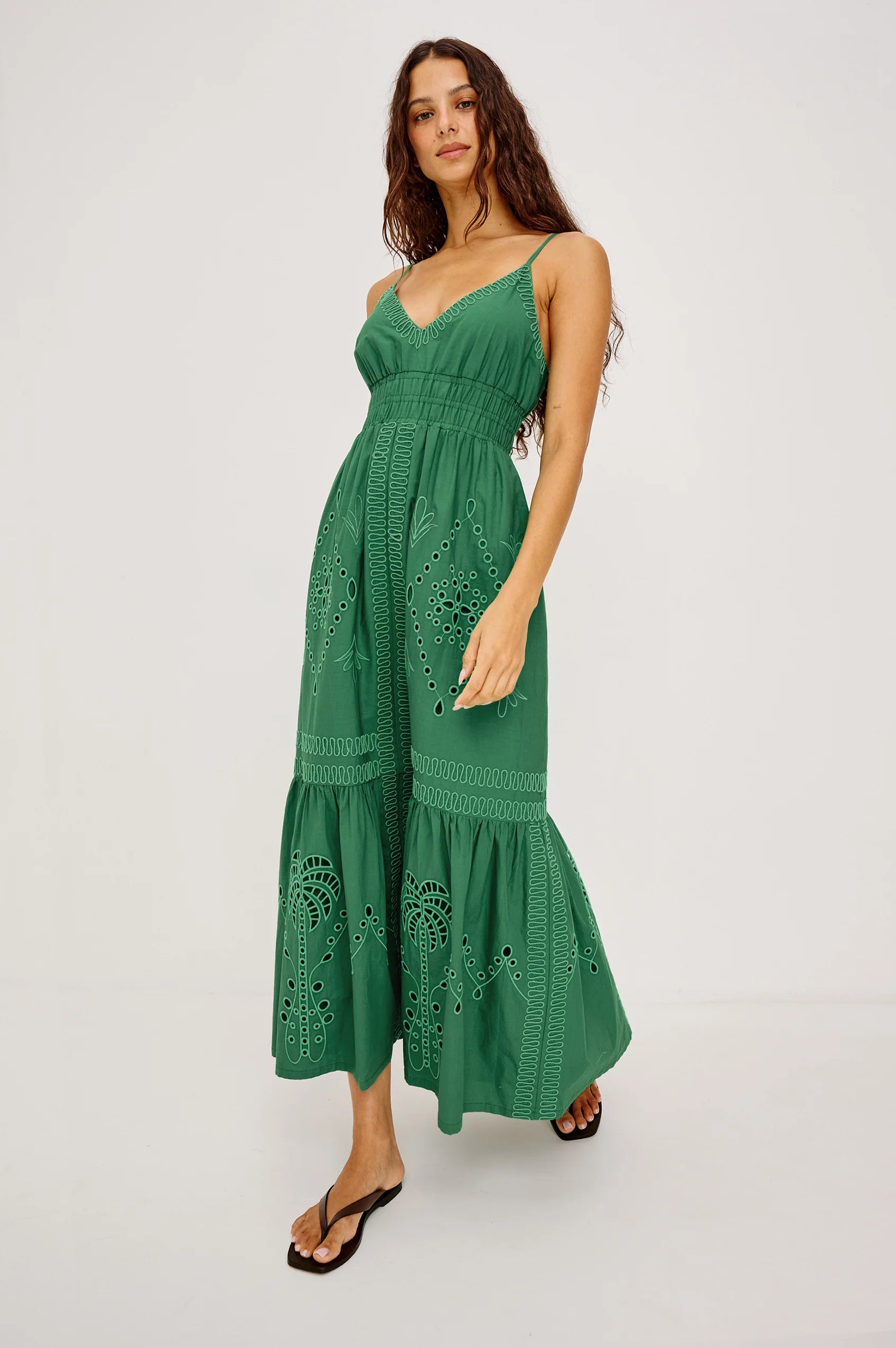 Model shot of green embroidered dress from rails
