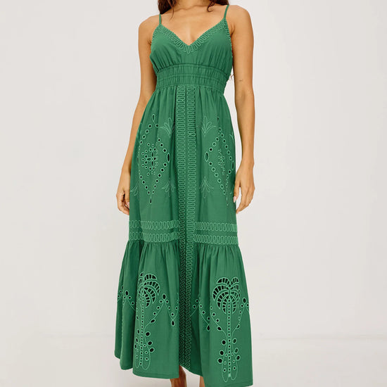 Model shot of green strappy dress worn with flip flops