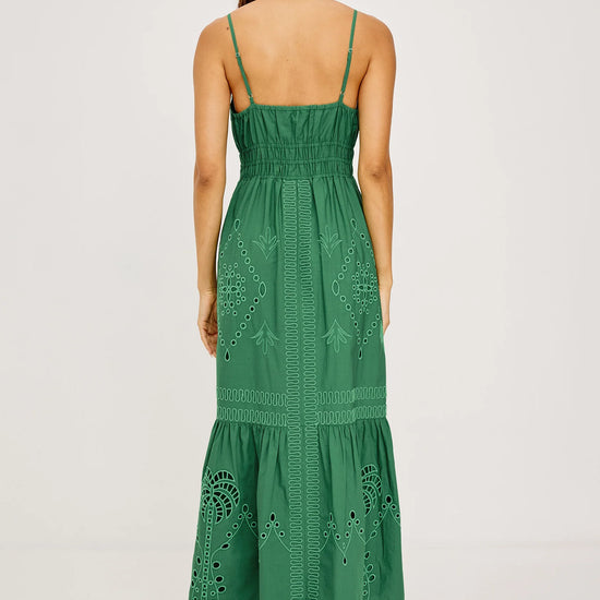Rear view of Green lace dress worn by a model on a light gray background