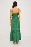 Rear view of Green lace dress worn by a model on a light gray background