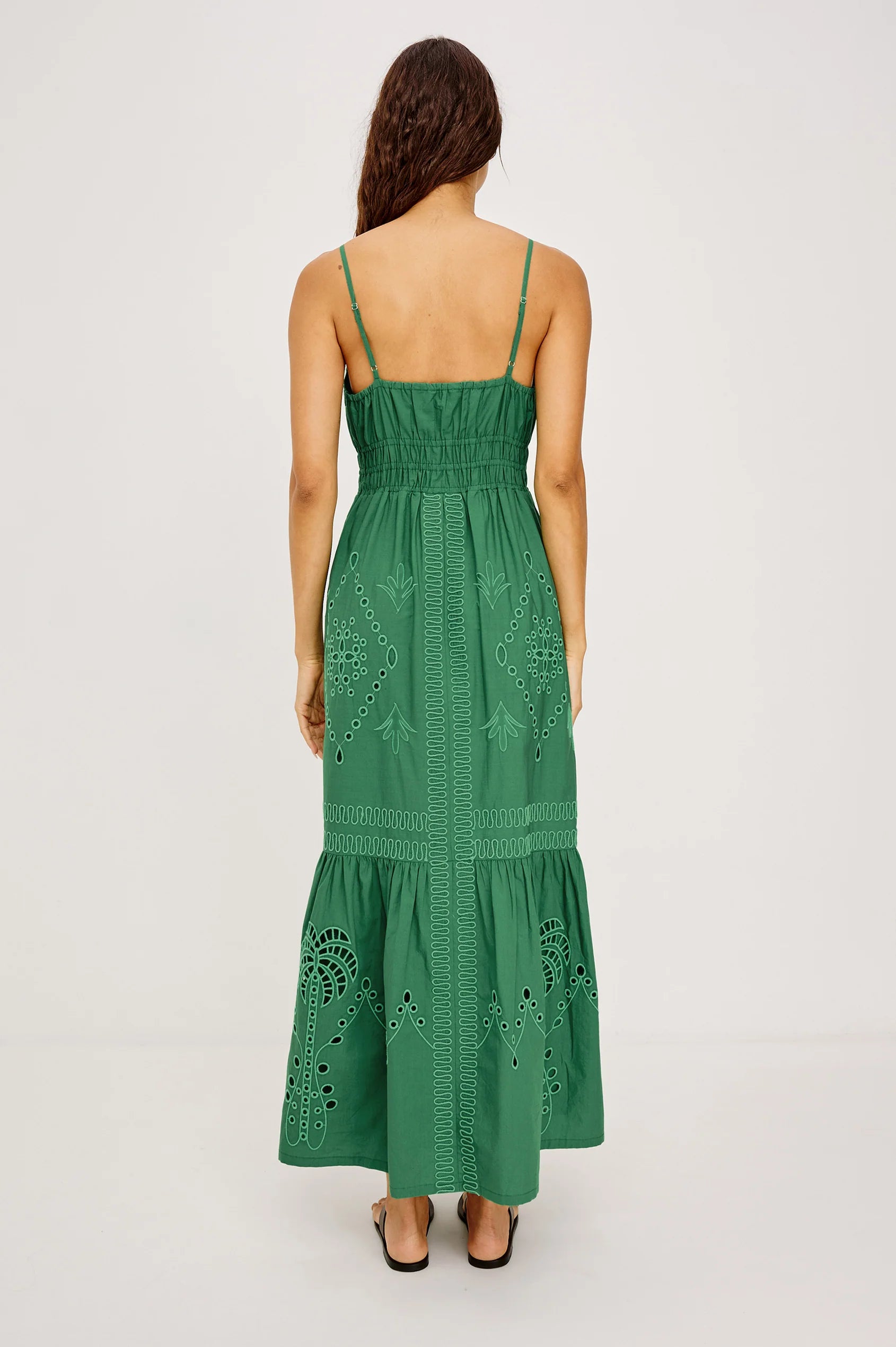 Rear view of Green lace dress worn by a model on a light gray background