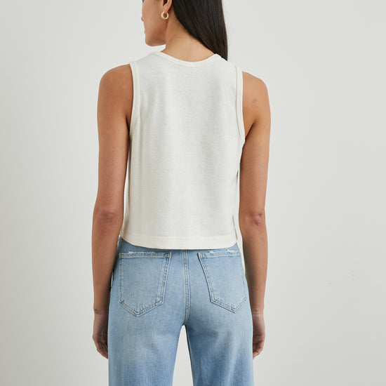 Sleeveless boxy ecru tank top from rear view