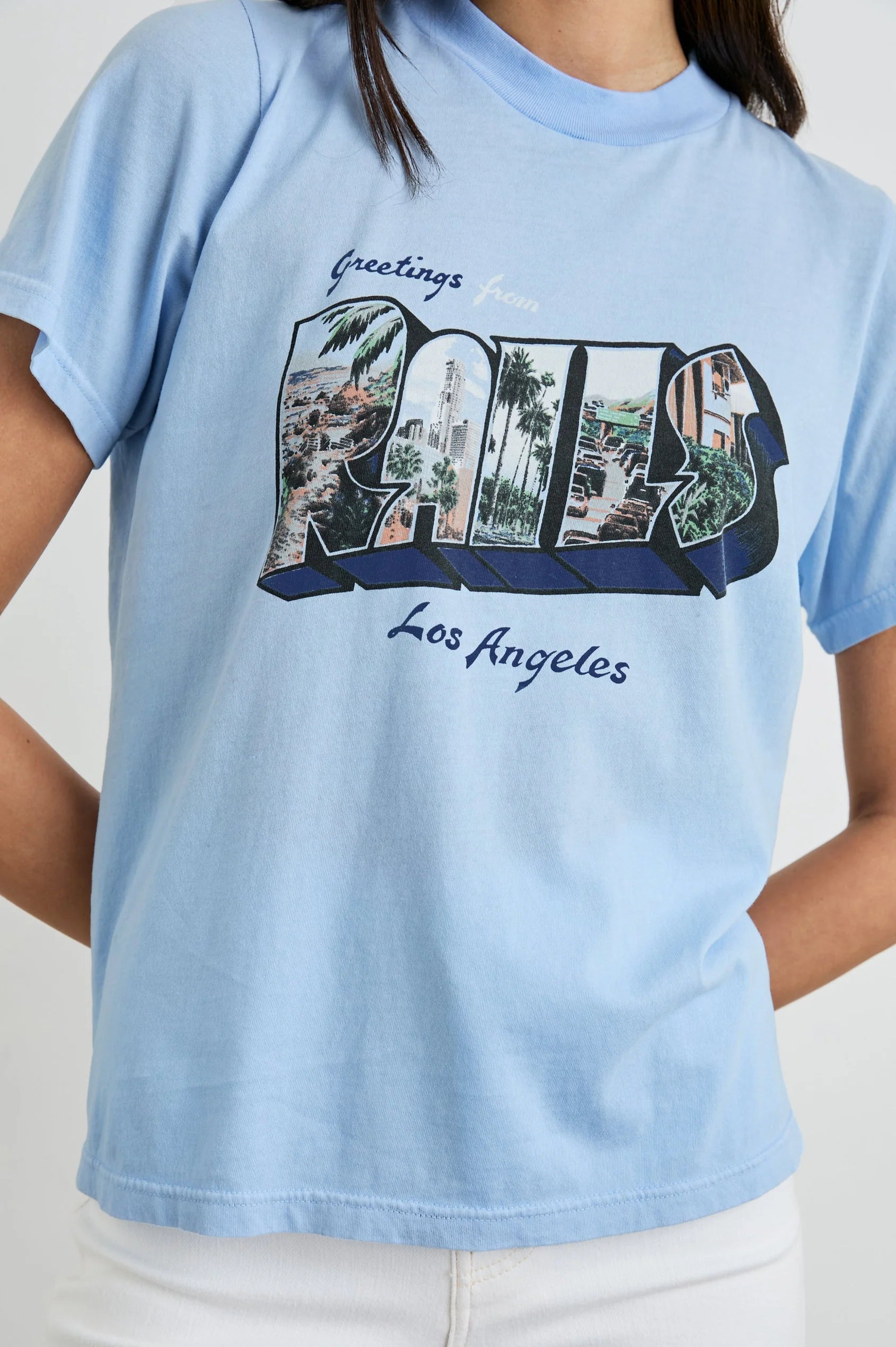 Pale blue slogan tee with Rails Los Angeles decal