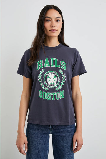 Boyfriend tee with green coloured rails Boston slogan