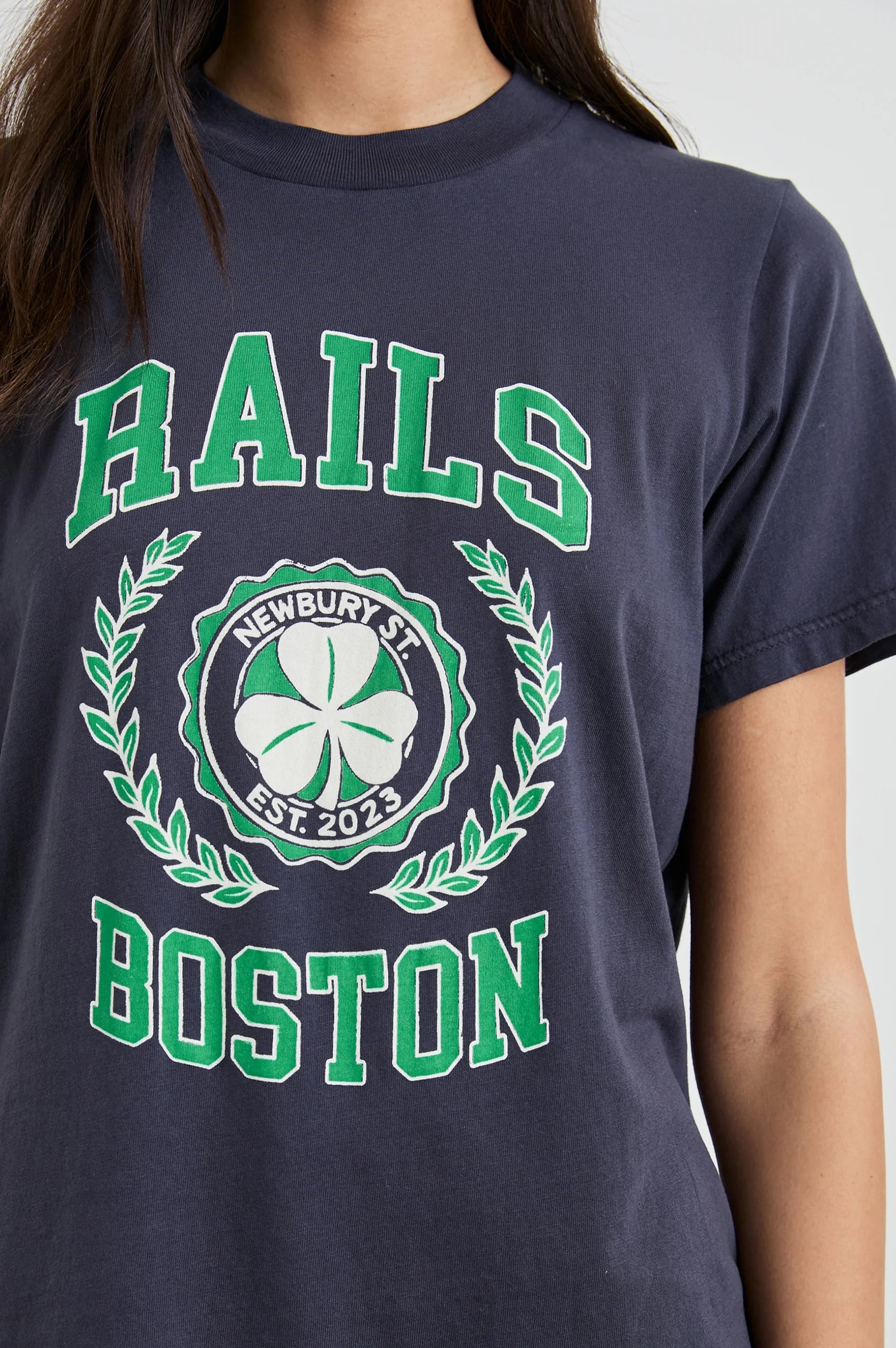 Boyfriend tee with green coloured rails Boston slogan