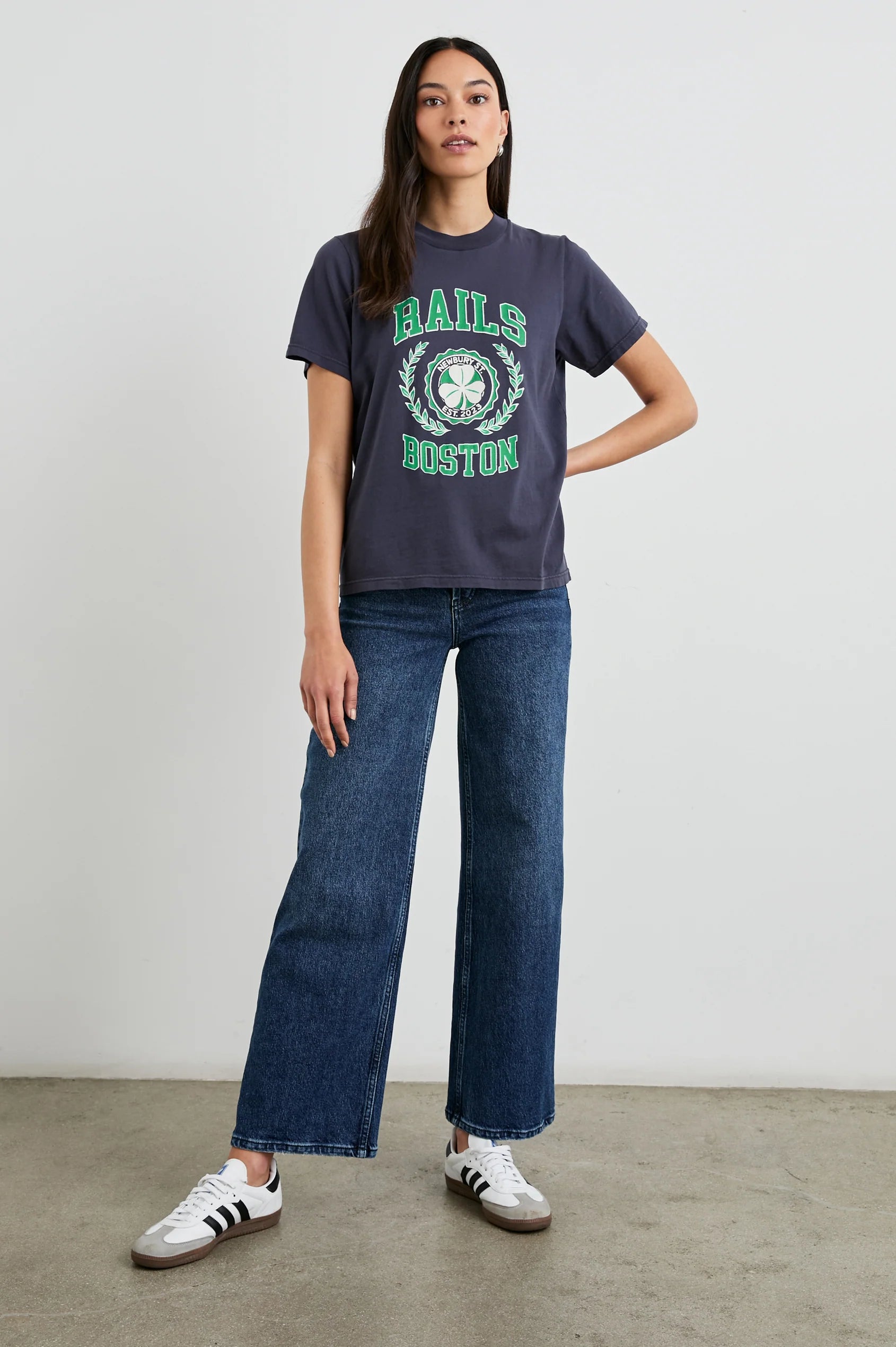 Boyfriend tee with green coloured rails Boston slogan