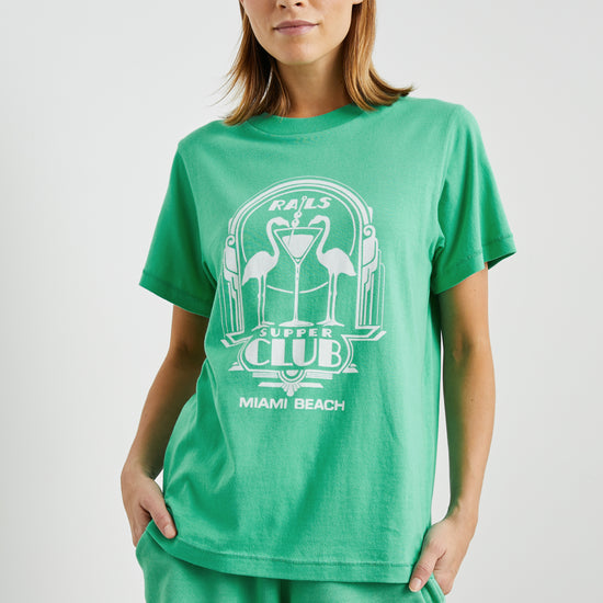 Boyfriend fit green tee with Flamingo design decal and short sleeves