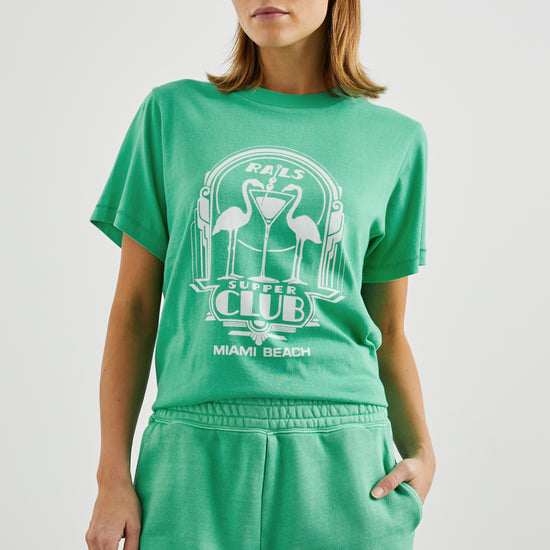 Boyfriend fit green tee with Flamingo design decal and short sleeves