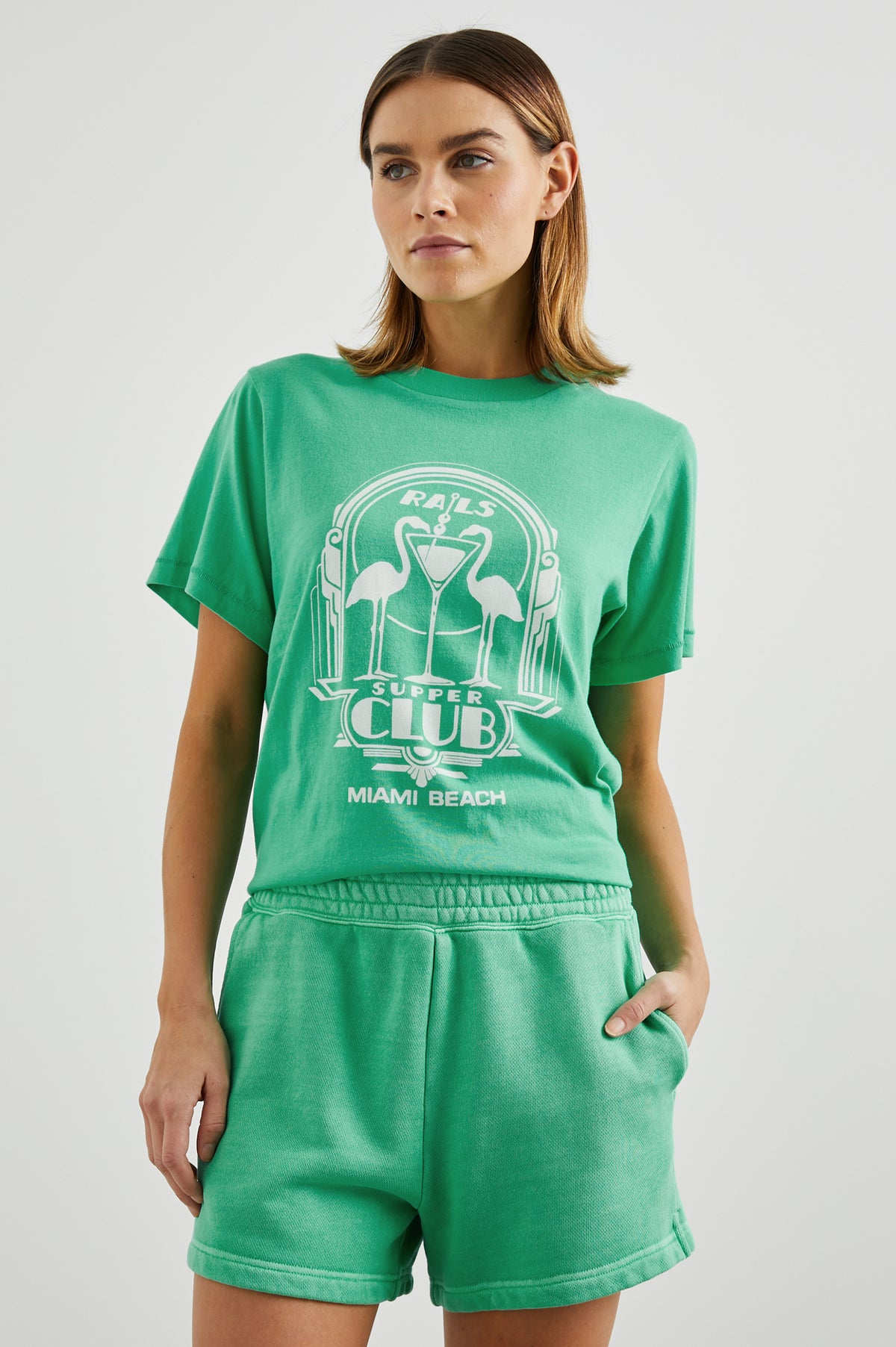 Boyfriend fit green tee with Flamingo design decal and short sleeves