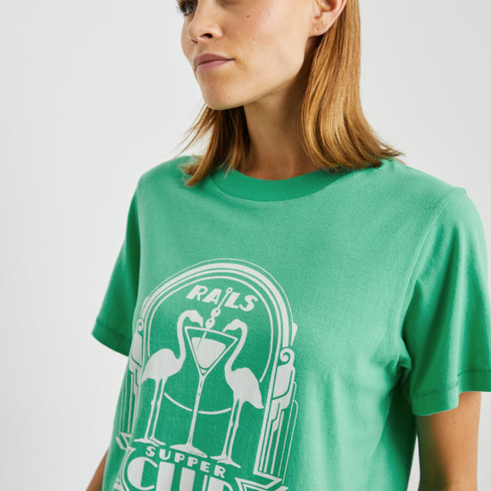 Boyfriend fit green tee with Flamingo design decal and short sleeves